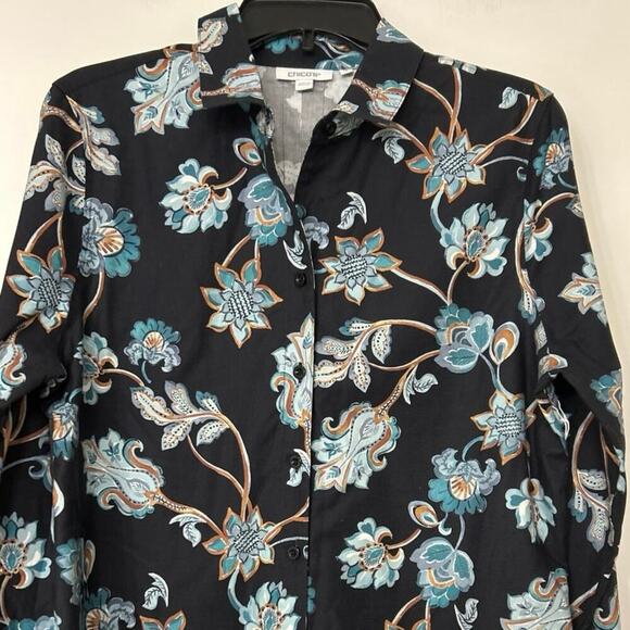 Chico’s Black Floral No Iron Cotton Stretch Button Down Tunic Blouse New Size 10 - Picture 5 of 14